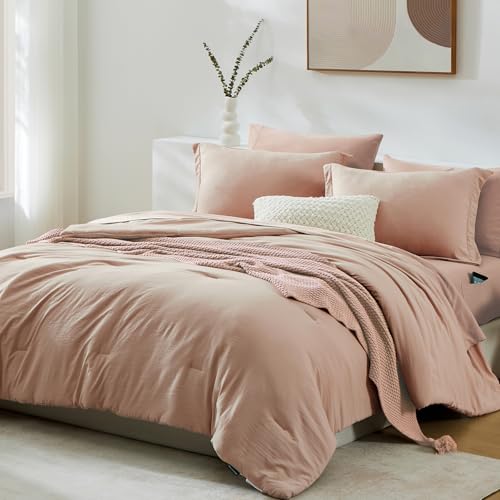 Image of Queen Comforter Set-7 Pieces Soft Prewashed Bed in a Bag Queen Bedding Sets | All Season Comforter with Sheets, Pillow Shams & Pillowcases,Clay Pink