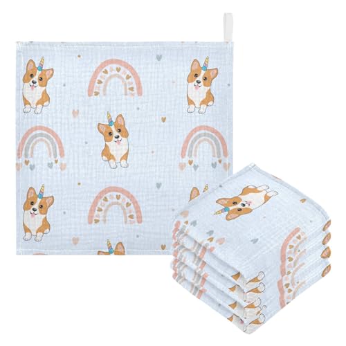 Image of vvfelixl Corgi Hearts Rainbows Baby Burp Cloths Baby Muslin Washcloths for Boys Girls Cotton Baby Face Towel for Newborn Infants Soft and Absorbent 11.8 X 11.8 in, 5 Pack