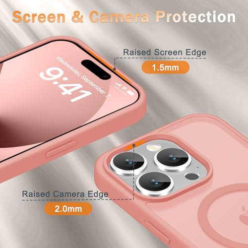 Image of YENAPOON for iPhone 15 Pro Max Case, Matte Magnetic Phone Cover [with 1 Screen Protector] [Support for MagSafe] [Shockproof Military Grade Protection] Translucent Frosted Back, Pink