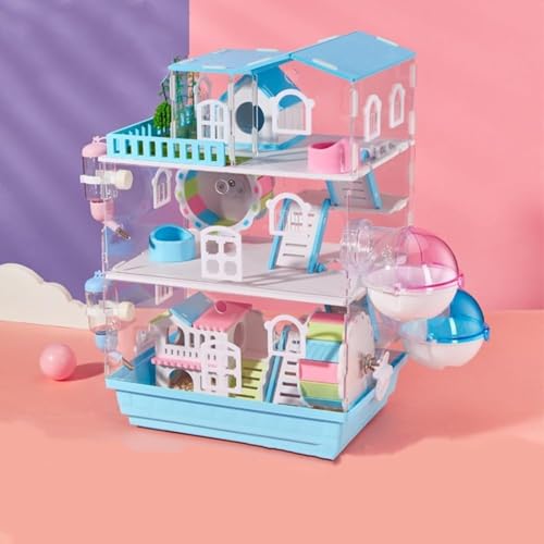 ハムスターケージ 透明 可愛い 贅沢セット 回し車 給水ボトル バスルーム 大型 飼育 餌入れ ハウス付き お掃除しやすい 広い 通気性 組立式 エコなアクリル製 ハムスター用 透明 磁気設計 多層 (ブルーD,3層)