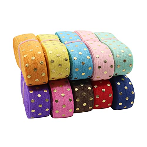 Harvey Sky 20 Yards 5/8 Inch Gold Polka Dot Fold Over Elastic For Baby Girls Hair Bow Diy Craft Elastic Hair Ties Headbands (10 Colors X 2 Yards) #TOP1