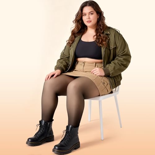 Image of WiliW Plus Size Fleece Lined Tights for Women, Sheer Winter Warm High Waist Thermal Tights Fake Translucent