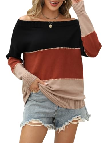 Image of VIMPUNEC Womens Off The Shoulder Sweaters Color Block Oversized Pullover Sweater Cable Knit Chunky Tops Stripe Brown M