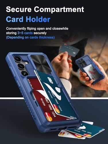 Image of Vihibii PC For Samsung Galaxy S24 Back Cover With Card Holder (4 Cards) & Slide Camera Cover & Kickstand, Hard Case For Galaxy S24 5G 6.2 inch 2024, Blue