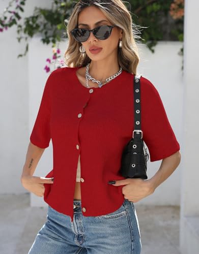 Image of Alsol Lamesa Women's Lightweight Button Up Knitted Cardigan Sweater Solid Color Short Sleeve Cute Cardigan Tops