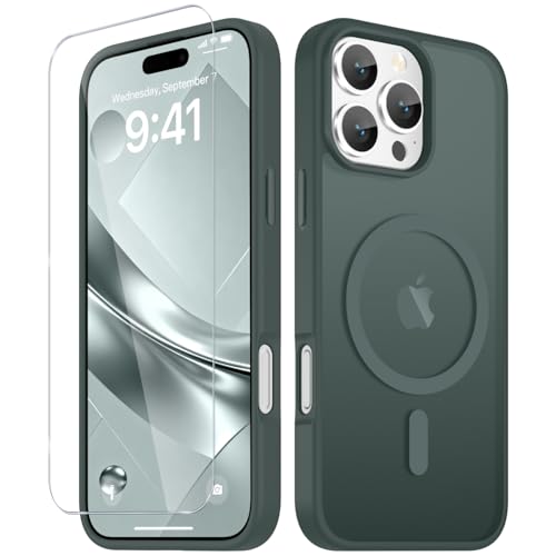 Image of YENAPOON for iPhone 16 Pro Max Case, Matte Magnetic Phone Cover [with 1 Screen Protector] [Support for MagSafe] [Shockproof Military Grade Protection] Translucent Frosted Back, Gray