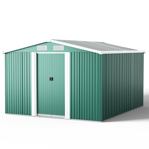 XEMQENER Large Metal Shed with Base, 10x8 FT Garden Shed with Lockable Door and Roof, Outdoor Storage House for Tools, Equipment, Bike, 257x312x178cm, Dark Green
