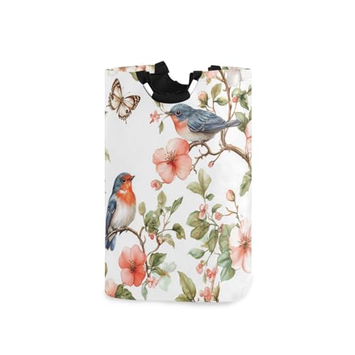 Ttgoth Cesta de lavandería plegable grande con asas, diseño de pájaros, con flores, cesta organizadora de ropa para dormitorio, dormitorio o baño