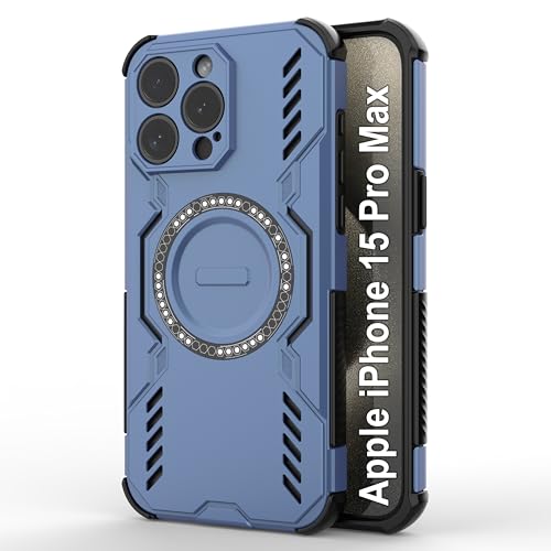 Image of amazon basics Back Case Cover for iPhone 15 Pro Max | Magnetic Case with Built-in Metal Ring | Supports Mag-Safe Charger, Wallet & Car Mount | Shockproof Hybrid PC + TPU | Blue