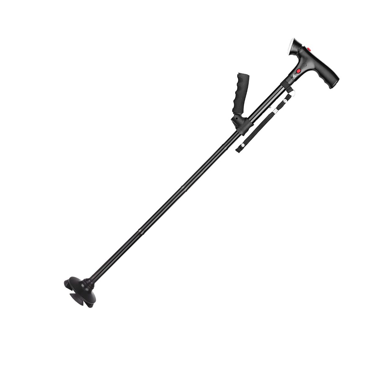 HEMOTON Bastón Plegable Telescópico con Luz Led Ajustable Y Alarma Base Antideslizante De 4 Pies Giratoria 360° Apoyabrazos para Mayor Seguridad En Movilidad