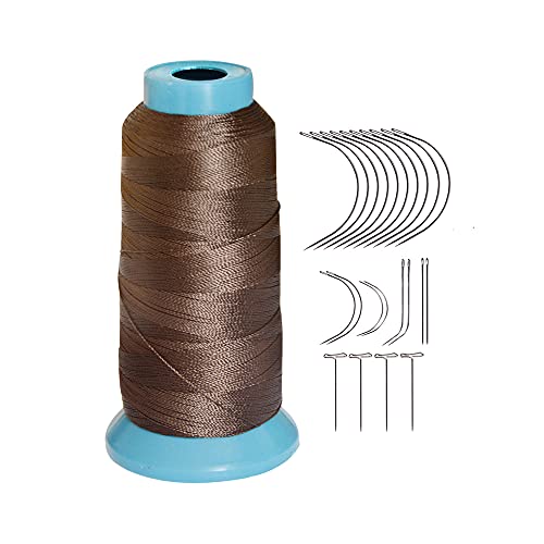Hair Weaving Thread with C/J/I/T Needles 1200 Yards 250 D Strength Polyester Thread Sewing Thread for Making Wigs Hair Extension Kit (Dark Brown)