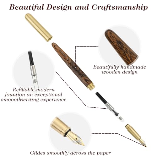 cobee Handcrafted Wooden Fountain Pens Set, Vintage Luxury Wood Fountain Pen 0.5mm Fine Point Smooth Writing Pen With 12 Ink 2.6 mm Cartridges and Gift Box for Journaling Calligraphy Supplies(B) - Thumbnail 6