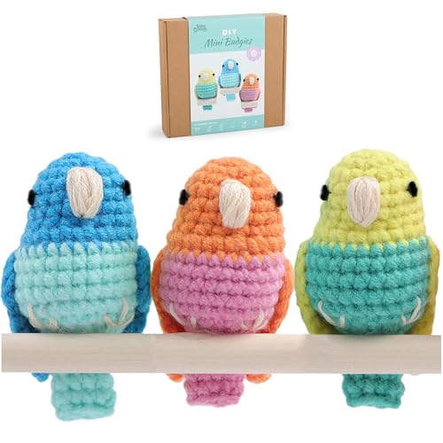 Image of HOUSE CREATIVITY Crochet Kit for Beginners, Make 3 Mini Budgie Birds, Amigurumi Crochet Starter Kit with Step-by-Step Video Tutorial, Yarn, Hook, Eyes & Stuffing, DIY Craft Kit Gift for Adults