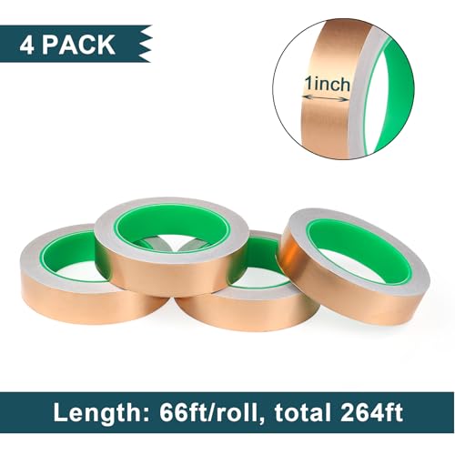Image of BOMEI PACK Copper Foil Tape 4 Pack 1.97mil x 1inch x 66ft with Conductive Adhesive for Guitar and Crafts, Soldering, Stained Glass, Electrical Repairs, Grounding