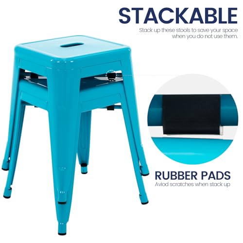 Image of Brage Living 18 Inch Industrial Metal Stools Set of 2, Stackable Classroom Stools, Backless Metal Dining Chairs for Indoor Outdoor, Kitchen Short (Teal Blue)