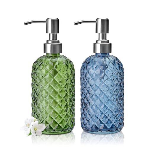 SupRovare 2 dispensadores de jabón, dispensador de bomba de cristal de 400 ml, dispensador de detergente, botellas de champú para rellenar, dispensador de jabón para baño y cocina, (azul, verde) SupRovare 2 dispensadores de jabón, dispensador de bomba de cristal de 400 ml, dispensador de detergente, botellas de champú para rellenar, dispensador de jabón para baño y cocina, (azul, verde)