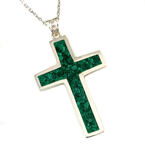 Echmeck Collier Pendentif Croix Malachite Verte en Argent Sterling Fait Main avec Chaîne 45+5cm - Unisexe