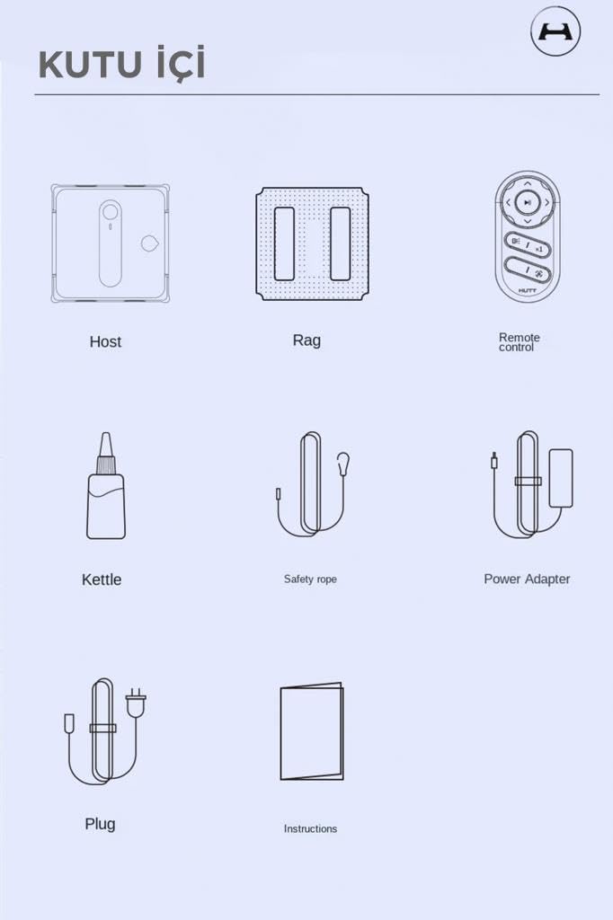 Diagram showing all components included in the HUTT W9 package: robot host, cleaning rags, remote control, water bottle, safety rope, power adapter, and plug.