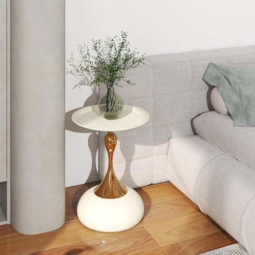 Ginhow Couchtisch Beige Gold, Kleiner Couchtisch Rund Modern, Metall Beistelltisch Rund Gold, Luxus Nachttisch Kaffeetisch für Wohnzimmer Schlafzimmer Balkon, Ø40CM (1 Stück) – Bild 6
