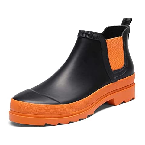 NORTIV 8 Womens Short Wellies Rubber Wellington Boots Womens Ankle Rain Boots Anti Slip Outdoor Ladies Chelsea Boots Waterproof SNRB221W Black/Orange 7 UK Cover