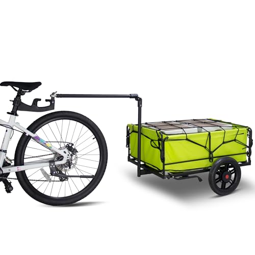 TMZ 自転車トレーラー サイクルトレーラー 耐荷重50kg、取り外し可能な2つの大きな車輪、ユニバーサルカプラー、角度調整可能なプルロッド、弾性ネットカバー付 (蛍光グリーン)