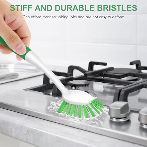 Image of SetSail Dish Brush with Handle, 2 Pack Stiff Bristles Dish Scrubber with Built-in Scraper Dish Scrub Brushes for Cleaning Dishes, Pots and Pans, Kitchen Sink, Green