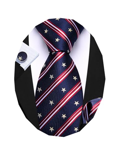 Barry.Wang America Tie Sets for Men Silk Stripe Necktie Woven Handkerchief Cufflinks Formal Business Wedding Fashion