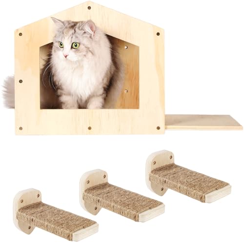 COOLEX Cat Shelves with 3 Steps Scratching Post and Hammock Bed - Wall Mounted Climbing Condo for Indoor Cats (Wood)