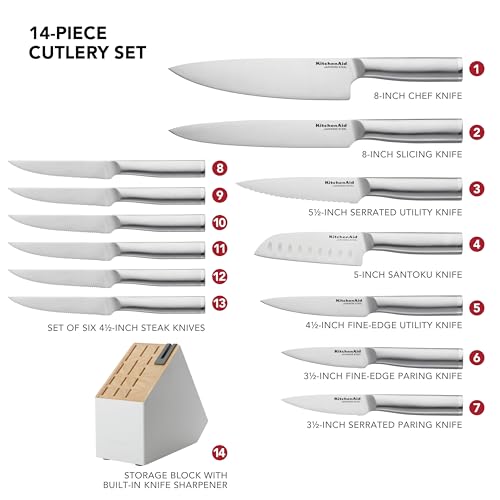Image of KitchenAid Slim Two-Tone Knife Block Set with Built-In Knife Sharpener, Stainless Steel Kitchen Knives, Sharp Kitchen Knife Set with Block, 14-Piece, White