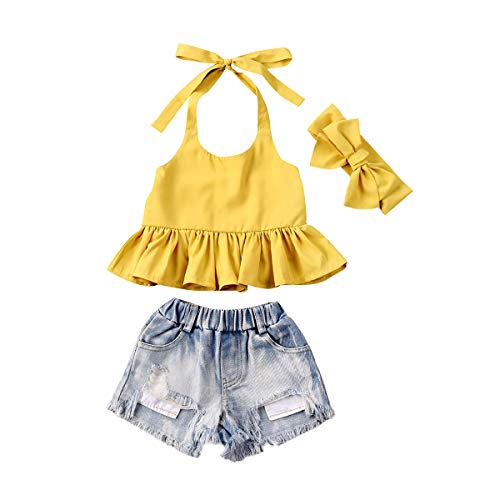 Fashion Toddler Kids Baby Girl Boy Summer Off Shoulder Ruffle Sleeveless Tassel T-Shirt Top+Floral Shorts Clothes Set 6M-7Y (Yellow, 1-2T)