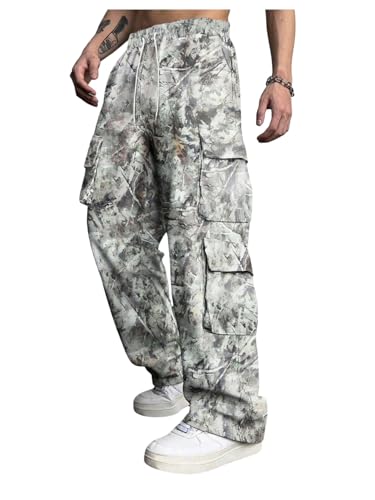 SOLY HUX Men's Camo Baggy Cargo Pants Vintage Drawstring Elastic Waist Wide Leg Sweatpants Streetwear
