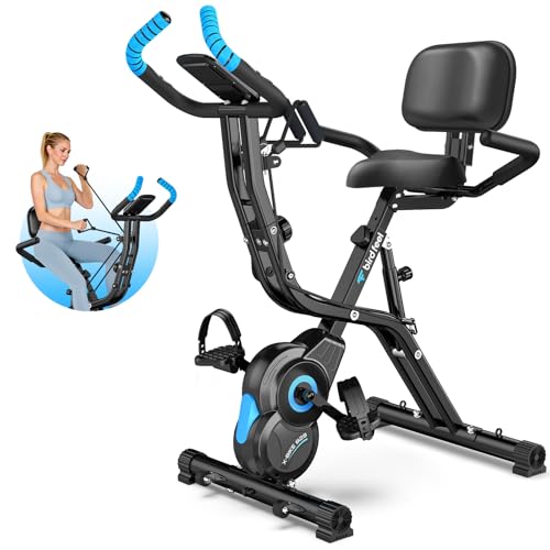 Birdfeel Foldable Exercise Bike, Multifunctional Indoor Stationary Bikes for Home with 8-Level Magnetic Resistance, Quiet Workout Bike with Arm Resistance Bands, LCD Monitor, 300LBS Capacity (Blue)