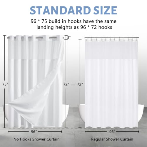 Image of Furlinic Extra Wide No Hook Shower Curtain with Snap in Liner White 96x75