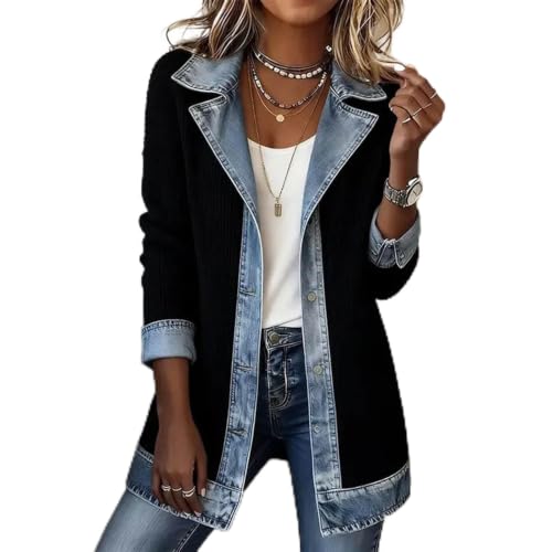 Denim Blazer for Women Collared Patchwork Jackets Knit Cardigan - image 1
