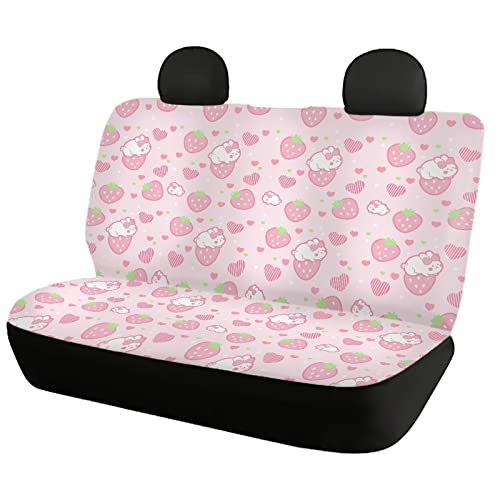 Image of Modysero Strawberry Print Pink Car Set Cover Full Set Durable Soft Front Rear Bench Seat Cover Set for Women Elastic Breathable Automotive Seat Protector Universal Fit All Cars Trucks