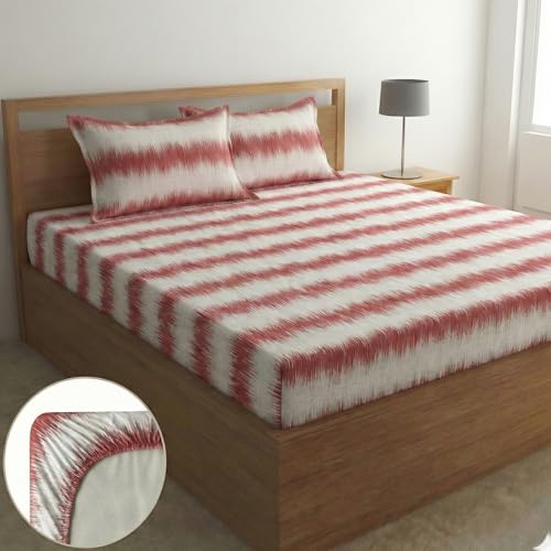 Image of Home Sizzler Microfibre Abstract Ikat Print All-Around Elastic Fitted Double Bedsheet (72 X 78 Inches) with 2 Pillow Covers - Red & White