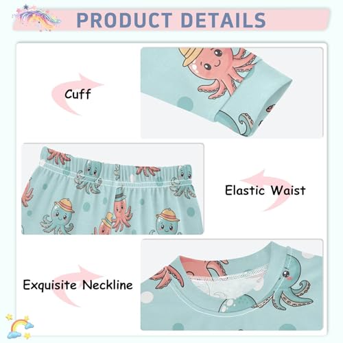 Pajama Sets Long Sleeve Cute Octopus Pattern with Hats Soft Comfy Sleepwear 2 Piece PJS 3-8T4