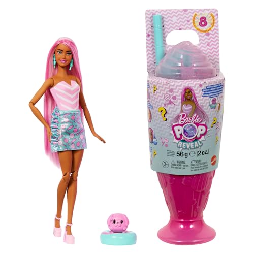 Barbie Pop Reveal Colección Dulces Muñeca de Moda y Accesorios, temática de Sweet Swirl, Mascota y 8 sorpresas, Incluye Cambio de Color, JFY62