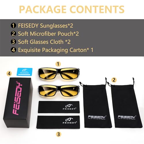 FEISEDY Night Driving Fit Over Glasses Sunglasses for Men Women,Polarized Wrap Around Yellow Sunglasses UV400 B2593