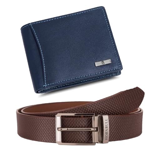 Mens Combo Wallet and Belt | Gift Set for Men | Gift Hamper for Boys | Wallets Men Leather (Navy+Brown)