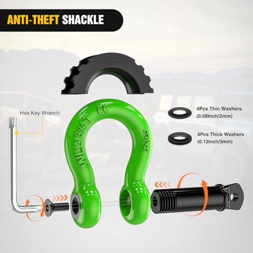 Image of Nilight 3 /4 inch D Ring Shackle 2 Pack 19T (41,887 lbs) Break Strength 4.75T WLL Heavy Duty Towing Hook with Anti-Theft System Anti-Rattle Isolators for Truck Jeep SUV ATV UTV Recovery Green