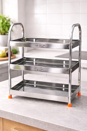 Image of appeasy Stainless Steel 3 Tier Kitchen Storage Rack | Countertop Organizer Shelf for Utensils, Spice Jars, Bottles & Crockery