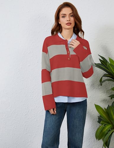 Image of Womens Striped Sweater Rugby Polo Shirts Y2k Collar Pullover Tops