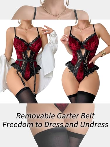 Image of Lilosy Sexy Stocking Lace Mesh Bodysuit Top Underwire Garter Lingerie Set 3 Piece
