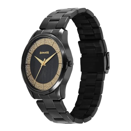 Image of Sonata Traditional Essentials Quartz Black Gold Round Dial Men's Watch | Analog Watch | Watches for Men Analog - 77163NM01W