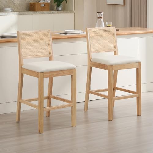 Image of Rattan Counter Height Bar Stools, 25.6'' Modern Counter Stools with Cane Back, Mid Century Bar Chairs for Kitchen Counter /Home Bar /Cafe, Set of 2, Cream
