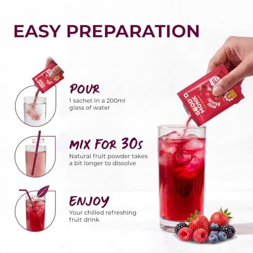 Image of Good Monk Fruit Drink Mix (Assorted - Natural Orange, Mixed Berries, Pineapple Powder), 50% Less Sugar with 8 Vitamins & Minerals. Tasty & Healthy Mix for Hydration, Energy, Immunity. 8x3 = 24 sachets