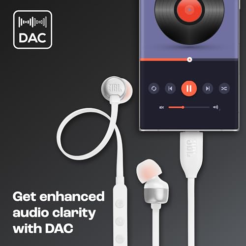 Image of JBL Tune 310 Wired in Ear Type C Headphones, Hi-Res Audio with Digital-to-Analog Converter, 3-Button EQ Preset Remote with Microphone, Tangle-Free Flat Cable, Compatible with USB-C Devices (White)