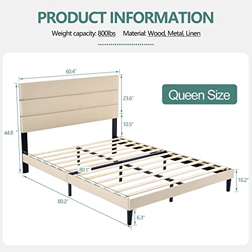 QZhommer-Upholstered-Platform-Bed-Queen-Size-Metal-Bed-Frame-with-Headboard-and-Strong-Wooden-SlatsNon-Slip-and-Noise-FreeNo-Box-Spring-Needed-Mattress-FoundationEasy-AssemblyBeige