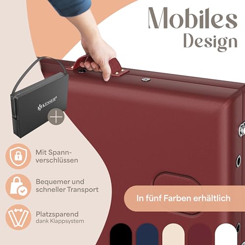 KESSER® Massageliege 3 Zonen bis 250kg, Massagetisch klappbar, verstellbar, tragbarer Koffer, Kosmetikliege, Therapieliege, Zubehör, Alu-Kopfstütze, Armlehne, Tragetasche, Anti Rutsch, 60cm, Bordeaux 6